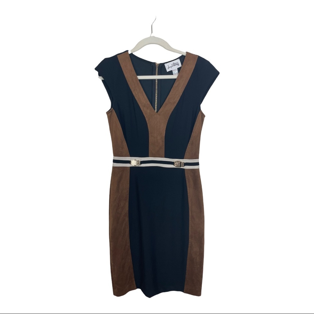 Joseph Ribkoff Size 8 Black Brown Suede Gold Buckle Belted Midi Dress